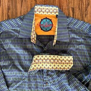 Robert Graham men’s 2XL flip cuff button down dress shirt, blue & green